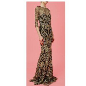 Marchesa Notte Black Gold Embroidered Mermaid Gown